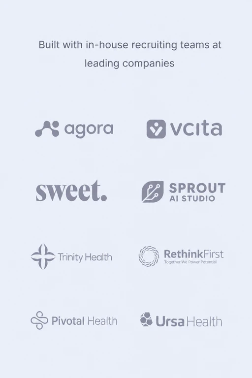 Built with in-house recruiting teams at Agora, vcita, Sweet, Sprout AI Studio, Trinity Health, RethinkFirst, Pivotal Health, and Ursa Health