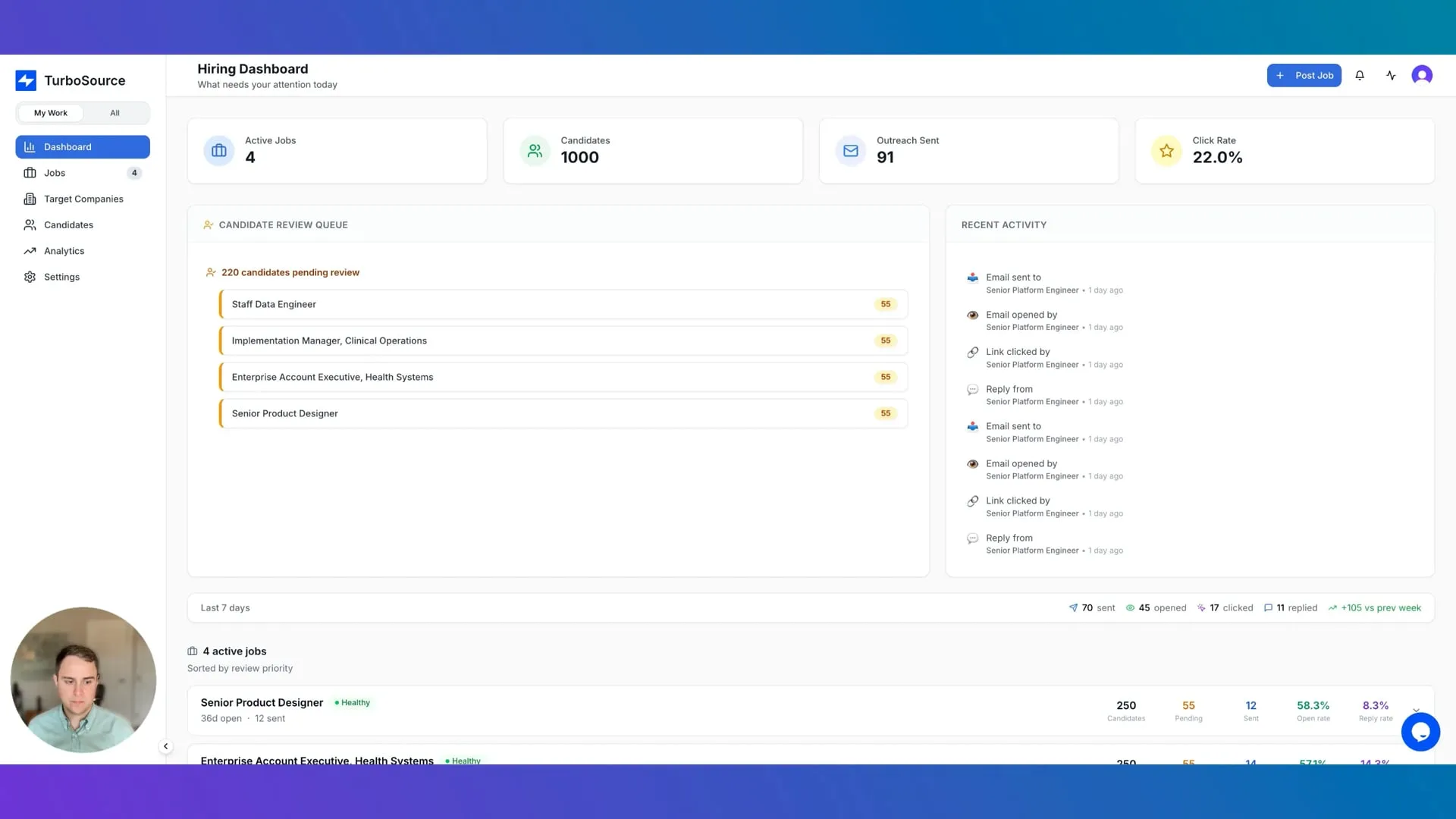 Product demo video: TurboSource hiring dashboard showing a candidate review queue and recent outreach activity